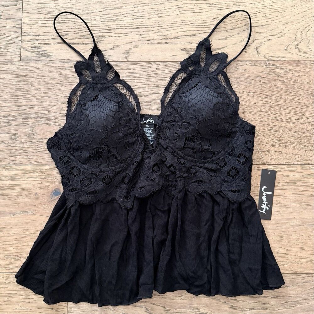 Justify Bralette Top XL Black Lace Babydoll Coquette Whimsigoth Sexy Y2K NWT